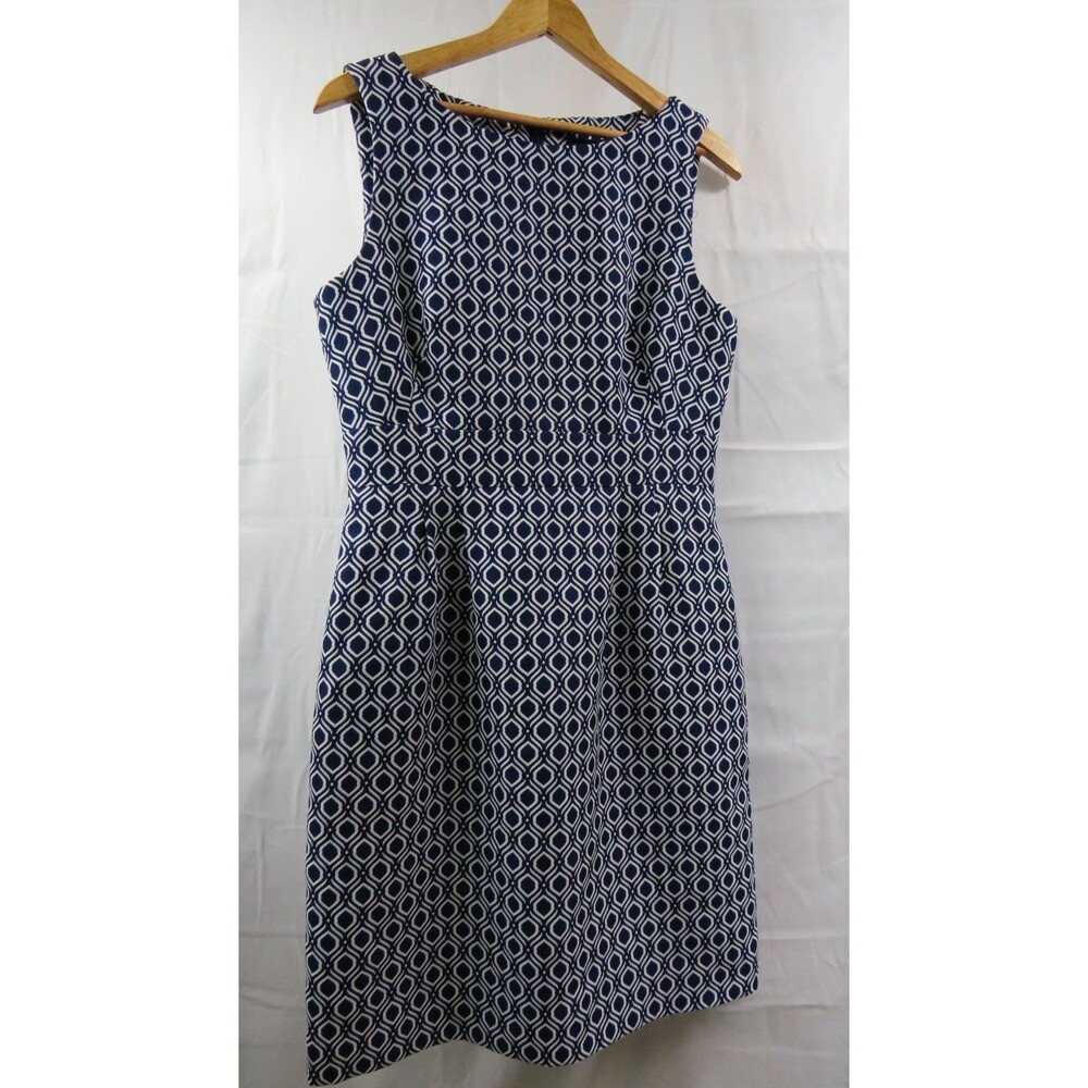 Tahari-Levine Womens 8 Sheath Dress Navy White Geometric Sleeveless Boat Neck
